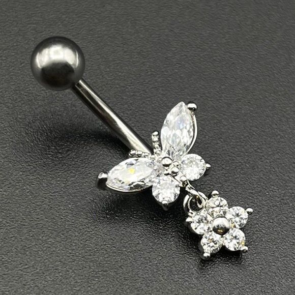 316L Stainless Steel with Diamond Cubic Zirconia Flower and Butterfly Belly Ring - Picture 1 of 7